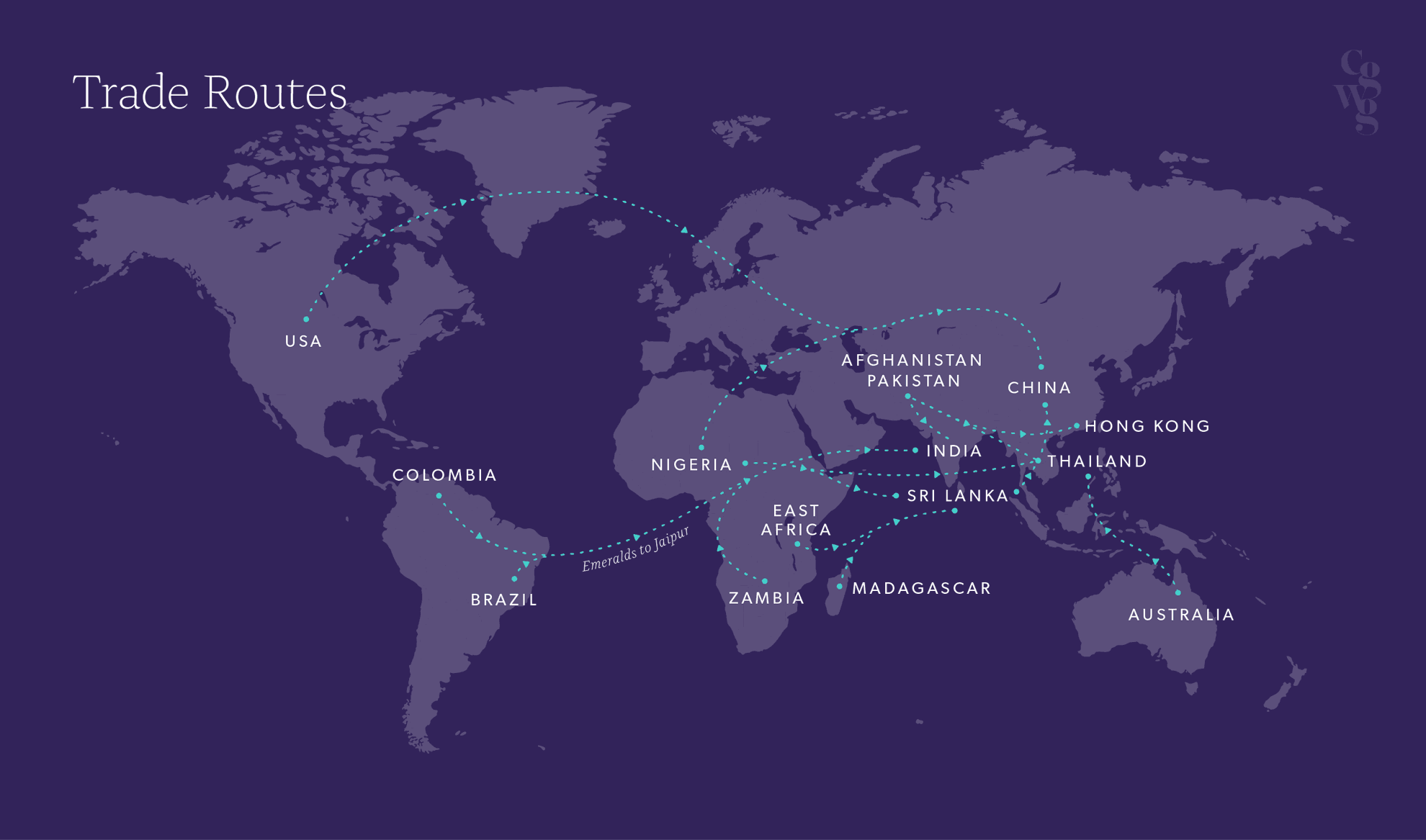 Map-Trade-Routes A map of some of the principal global coloured gemstone trading routes worldwide